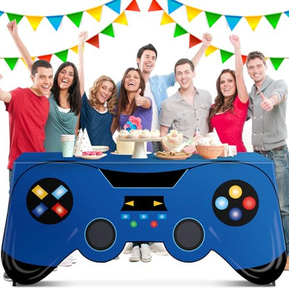 6 Ft Video Game Tablecloth Birthday Party Decoration Blue Gaming Controller Shaped Table Cover Game Pad Table Covers Protector Washable Polyester Party Supplies for Gamer Player Birthday Decoration