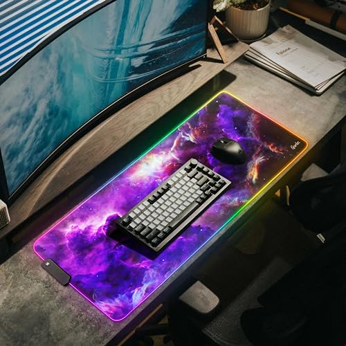 Gerlos RGB Gaming Mouse Pad, Large LED Desk Mat, 31.5 x 11.8 Inch | 12 light modes, non-slip base, water-resistant surface, stitched edges - color: Purple