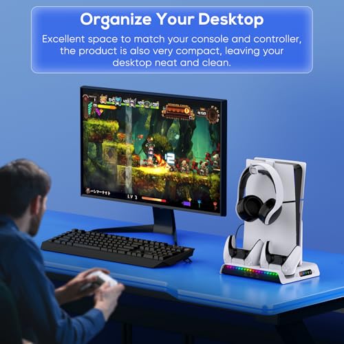 FASTSNAIL Cooling Station with Controller Charger for PS5/Slim/Pro Console | Vertical Cooling Stand, Fast Charger 2 Controllers, 3 Efficient Fans, 9 RGB Light Modes, Headset Hook for PS5 Accessories Kit