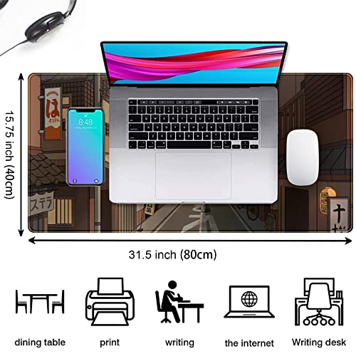 Tokyo Street at Night Kawaii Japanese XL Mouse Pad, Cute Gaming Desk Pads, Anime Large Desktop Mat, XXL Keyboard Mats, Extended Laptop Mat 31.5''X15.7'' - color: Black Brown Beige