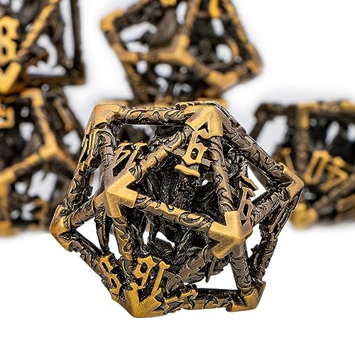 ARUOHHA Hollow DND Dice Set Antique Gold 5-Headed Dragons D and D Dice with Gift Box, Role Playing Games 7PCS RPG Metal Dungeons Polyhedral Dice D20 D12 D10 D8 D6 D4 - color: Ancient Gold-02