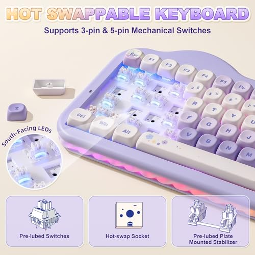 YUNZII C75 Wireless Mechanical Keyboard,75% Layout, Hot-Swappable NKRO,BT5.0/2.4G/USB-C Mode,Dye-Sub PBT MOA Keycaps,RGB Gasket Mount,Cute Cake Design for Mac/Win/Gaming (Purple, Milk V2 Switch) - color: Purple, size: Milk V2 Switch