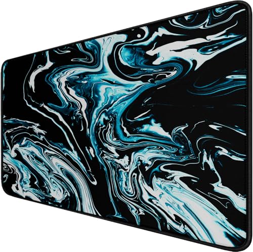 Gaming Mouse Pad with Stitched Edges, Durable Non-Slip Natural Rubber Base, Waterproof Computer Keyboard Pad Mat for Esports Pros/Gamer/Desktop/Office/Home - Marble Cyan - color: Marble Cyan, size: 31.5L x 15.6W inches