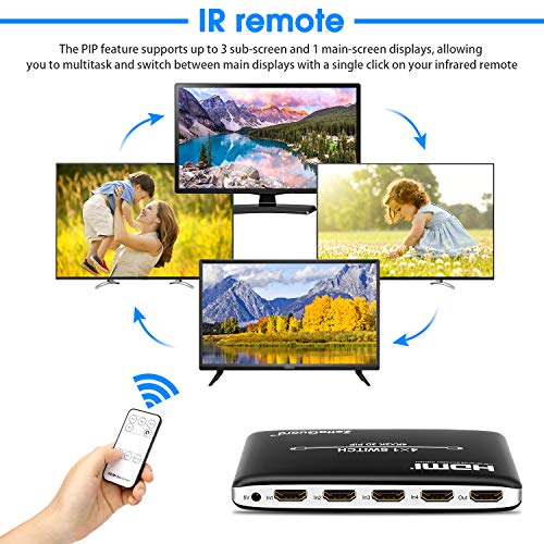 4 Port 4 x 1 HDMI Switch with PIP (Picture in Picture)and IR Wireless Remote Control, HDMI Switcher Hub Port Switches for PS4 Xbox Apple TV Fire Stick Blu-Ray Player (ZW410) - style: 4 In 1 Out