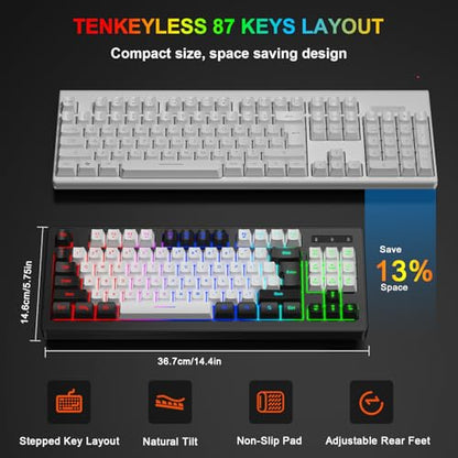BlueFinger Wireless Gaming Keyboard and Mouse Combo, RGB Rainbow Backlit Rechargeable Battery, 87 Keys TKL Light Up Keyboard with Ergonomic Gaming Mouse for Mac Laptop Computer PC Gamer(Black & White) - color: Black & White
