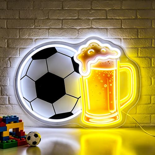 Soccer Beer Neon Sign for Wall Decor Dimmable Football UV Printed Led Neon Lights for Boys Fans Sports Themed Man Cave Light Up Signs for Game Room Gift Bar Club Decoration USB Powered - color: Football Beer