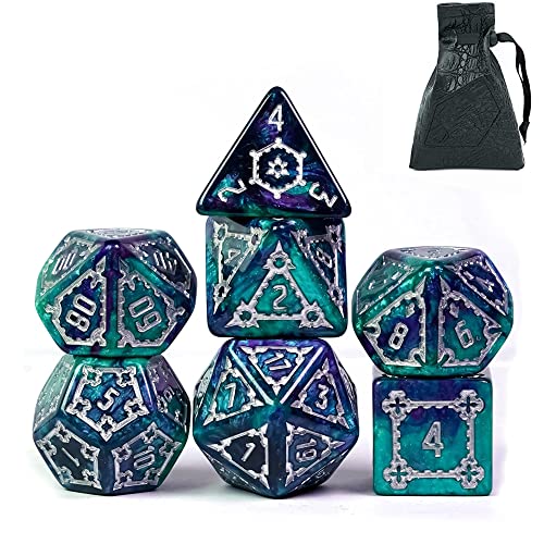 cusdie 7 Pcs 25mm Giant DND Dice with Dragon Eye Dice Bag, Polyhedral Dice Set, D&D Dice for Pathfinder RPG(Green/Purple) - color: Green/Purple