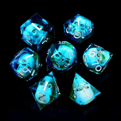 Froggod Blue Moss & Skull DND Dice Set with Gift Box for DND RPG, 7Pcs | Blue resin DND role playing dice with moss skull design and sharp edges for MTG, tabletop games and collectors - color: Blue