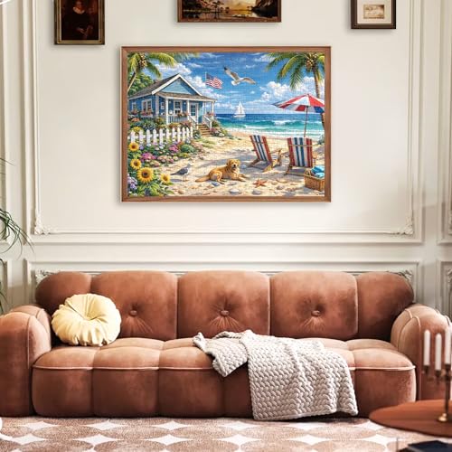 500 Piece Jigsaw Puzzle for Adults, Beach Seaside Puzzle with House Sunflowers Dogs Seagulls, Coastal Landscape Puzzles 500 Piece for Seniors Teens, Funny Relaxing Family Puzzles Gift 20.5 x 15 in