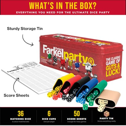 Farkel Party Classic Dice Game | Official Licensed Farkle Set | 36 Dice, 6 Cups, Score Sheets & Storage Tin | Travel Dice Game for Family Game Night | 2+ Players, Ages 8+