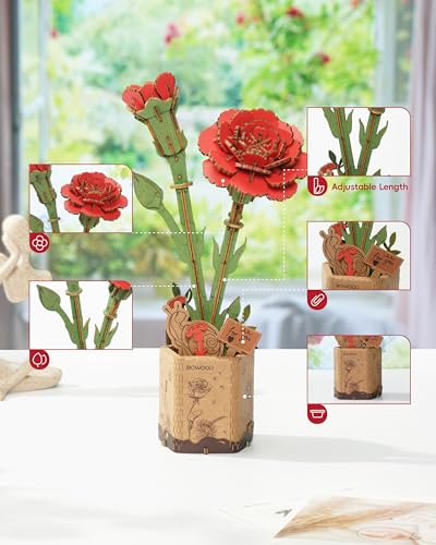 rowood 3D Puzzle Wooden Flower,DIY Artifical Flower Building Set Craft Kit for Women,Mother's Day/Valentine's Day/Teacher's Day/Thanksgiving/Christmas/Birthday Gift for Mom/Grandma-Red Carnation - style: Red Carnation