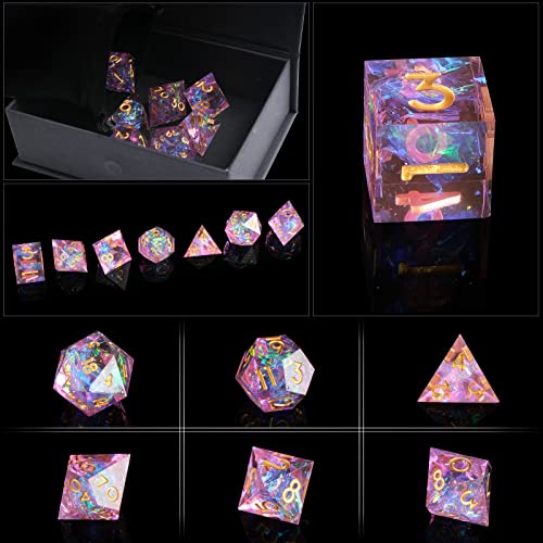 Sharp Edge DND Dice Set Handmade 7 Accessories Dice for Dungeons and Dragons TTRPG Games, Multi-Sided RPG Polyhedral Resin Sharp Edge Dice Roleplaying Games - color: Dice-pink Purple6