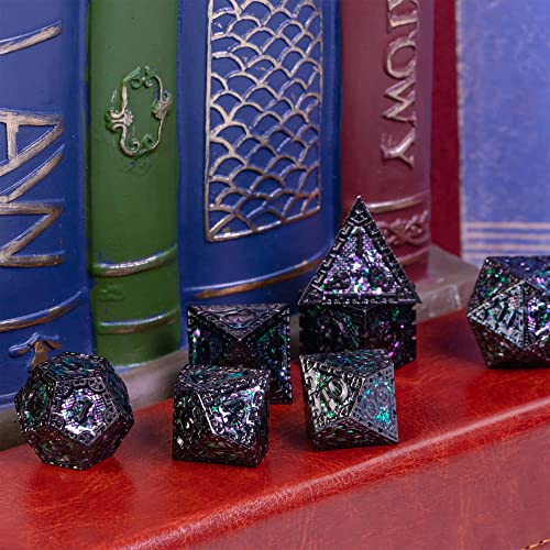 UDIXI Metal DND Dice Set D&D Polyhedral Dice Set for RPG (Green Sequins) | 7-Pieces, Dragon Carved, Chain-edge Design, Metal Gift Box, DM Gift, for Dungeons and Dragons Role Playing Games - color: Chain Frame-black With Green Sequins