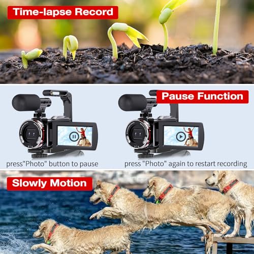 Digital Video Camera Camcorder 4K, 64MP UHD Vlogging Dual Camera for YouTube, 21X Digital Zoom HD Screen Vlog Camera with External Microphone, Stabilizer, Remote, 2 Batteries, Remote, Memory Card