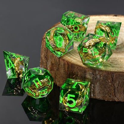 FONVGOGO Magic Lord Rings DND Dice Set, Sharp Edge Resin D and D Dice with Box 7Pcs Dungeons and Dragons Polyhedral Dice Set for Role Playing Game Gift Tabletop Games (Ring Green) - color: Ring Green