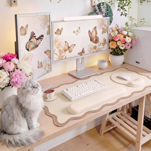 Sabary Scalloped Desk Mat Keyboard Mouse Pad Set 31.5 x 15.7 Inch Beige Preppy Table Mat Keyboard Wrist Rest Cute Aesthetic Mouse Pad with Wrist Rest Coaster Ergonomic Non-Slip Waterproof Gaming Desk - color: Beige, size: 31.5 x 15.7 Inch