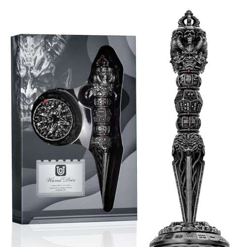 Unique Metal DND Wand dice Set with Bagua Stand, Seven as one, Roulette dice Rotator, Suitable for Role-Playing or Steampunk Themed Games with D20 D12 D10 D8 D6 D4 D00% Metal dice Set (Black) - color: Black