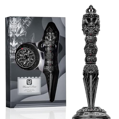 Unique Metal DND Wand dice Set with Bagua Stand, Seven as one, Roulette dice Rotator, Suitable for Role-Playing or Steampunk Themed Games with D20 D12 D10 D8 D6 D4 D00% Metal dice Set (Black) - color: Black