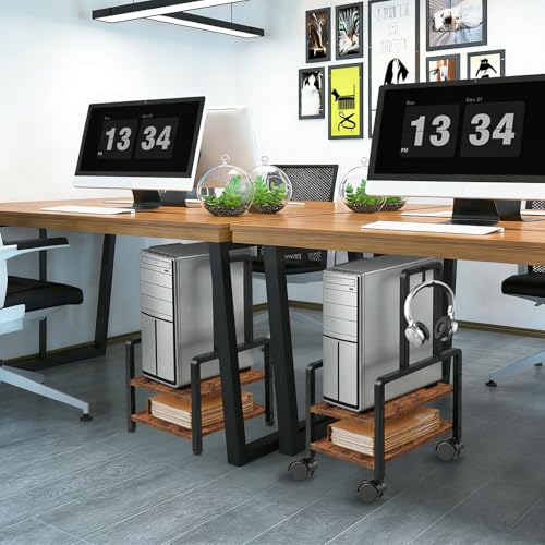 Adjustable 2-Tier PC Stand, Computer Tower Stand with 360° Locking Wheels & Hooks, CPU Cart for Floor, Carpet and Under Desk, 15.2" x 11.8" x 26", Rustic Brown - color: Rustic Brown