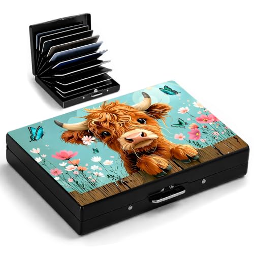 Highland Cow Metal Wallet Credit Card Protector Case Equipped RFID Blocking | with Pop-Up Button Slim Business Cards Holder Aluminum Cards Case Exclusive Butterfly and Highland Cow Gifts for Women Men - color: Butterfly and Highland Cow
