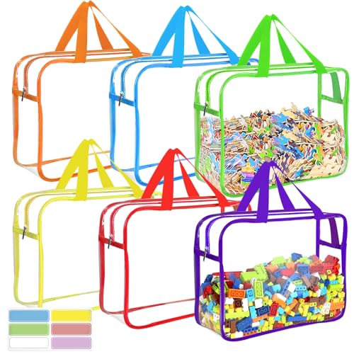 6 Packs Large Toy Storage Bags with Labels, Reusable Clear PVC Board Game Storage, Travel Waterproof Organizer Bags with Zipper for Building Blocks, Puzzle, Kids Books（6 Colors） - color: Multicolor, size: Large