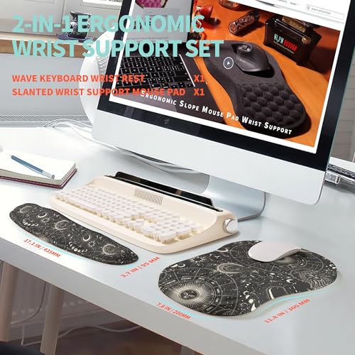 2-in-1 Ergonomic Set, Wave Rise Keyboard Wrist Rest and Massage Bulge Slope Mouse Pad Wrist Support, Cushion Memory Foam Integrated to Relieve Wrist Pain, Constellation - color: Constellation