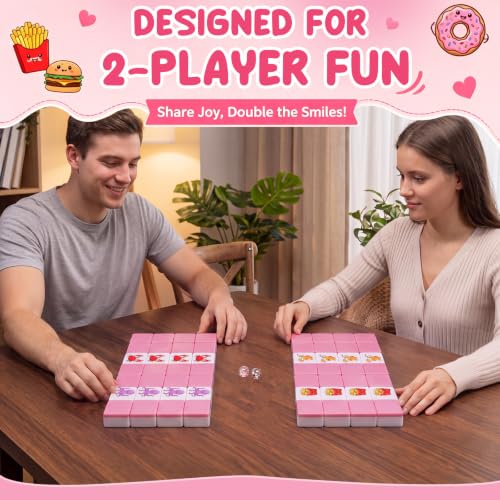 Capoda 2 Players Mahjong Block Set with 65 Tiles Pink Melamine Tiles Velvet Drawstring Bag and 2 Acrylic Dice Portable Mahjong Tile Game Ocean Animals and Food Pattern for Summer Travel Family Game - style: Animal and Food
