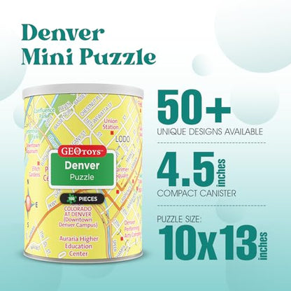 Geotoys Denver Mini City Puzzle - 100 Piece Puzzles for Kids and Adults in Portable Can, 13" x 10" Educational Travel Puzzle for Ages 7 and Up - Mini Puzzles to Learn & Explore Geography - style: Denver