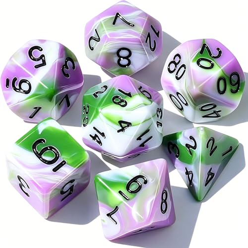 CiaraQ 7pcs Polyhedral Dice Set for Dungeon and Dragons MTG Table Games | Acrylic Role Playing Dice for D&D with Black Velvet Bag – Pink, Green & White Gradient Swirl – Standard Size – Ages 14+ - color: Pink & Green & White Swirled Ombré