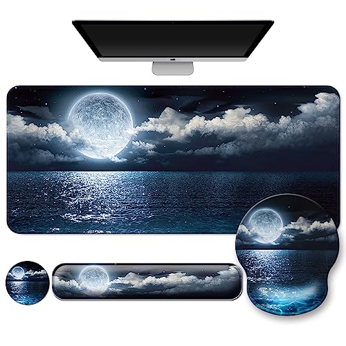 4 in 1 Mouse Pad Set with Wrist Rest for Keyboard,Desk Mat,Coaster-Ocean | Desk Matt for Desktop Cute Ergonomic Keyboard Pad Support For Gaming Computer Women Office Home Decor - color: A2-Moon and Sea
