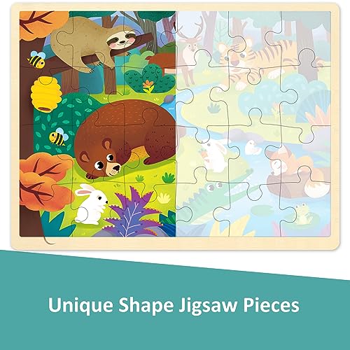 24 Piece Puzzles for Kids Ages 3-5, Unique Shape Jigsaw Pieces Forest Animals, Wooden Jigsaw Puzzle for 3 4 5 Year Old, Preschool Toddler Puzzle with Storage Tray - style: 24 Piece