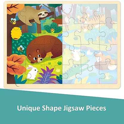 24 Piece Puzzles for Kids Ages 3-5, Unique Shape Jigsaw Pieces Forest Animals, Wooden Jigsaw Puzzle for 3 4 5 Year Old, Preschool Toddler Puzzle with Storage Tray - style: 24 Piece