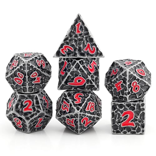 Haxtec Metal DND Dice Set, 7 Pcs Meteorite Texture Polyhedral Dice for RPG | Red Numbers D&D with Leather Bag, Compatible with Dungeons and Dragons, Antique Iron Heavy Metallic, Gifts for Table Games - color: Antique Iron Red