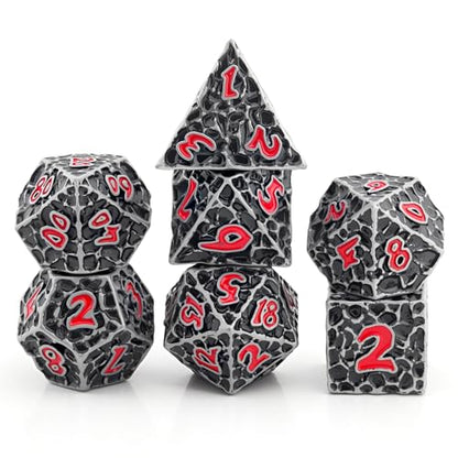 Haxtec Metal DND Dice Set, 7 Pcs Meteorite Texture Polyhedral Dice for RPG | Red Numbers D&D with Leather Bag, Compatible with Dungeons and Dragons, Antique Iron Heavy Metallic, Gifts for Table Games - color: Antique Iron Red