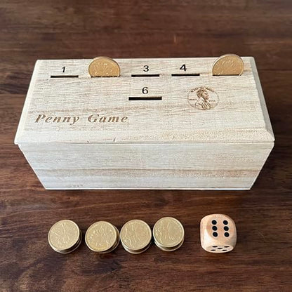 Penny Game - Fun Board Game Works with Coines, Get Rid of Coins to Win, Penny Game Wood Box for 2+ Players, Simple + Strategic Dice Games