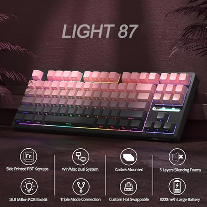 MageGee LIGHT87 Wireless Creamy Keyboard, Gasket Structure, RGB Backlit, 2.4G/USB-C/BT5.0 Hot Swappable Mechanical Gaming Keyboard for Win/Mac/PC, 8000mAh Battery, Side Printed PBT Keycaps, Pink - color: Pink Black/Blue Whale Switch
