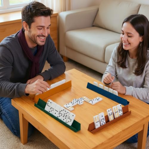 Double 6 Dominoes Set for Adults, 28 Tiles, Board Game, Case | Anti-Slip 4 Silicone Holders Fit Various Domino Sizes, Portable Case, Travel Ready Gift For Friends, Family Game Nights - size: Large