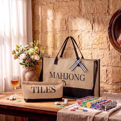 Aliceset 2 Pcs Empty Mahjong Bag for Tiles and Racks Mats Canvas Mahjong Themed Tote Bag and Zippered Pouch Mah Jong Gift Accessories Travel Mahj Storage Case Game Women Night Party Supplies