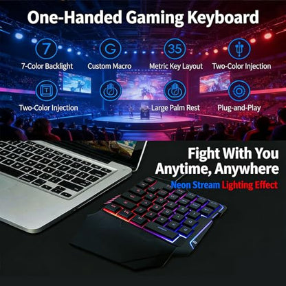 Fabater One Handed Gaming Keyboard, 35 Keys, Rainbow LED, Wired USB, Ergonomic with Wrist Rest, Mini Portable, Compatible with PC Laptop