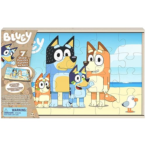Spin Master Games Bluey 7-Pack Wooden Puzzles with Storage Tray for Kids | Includes 7 Wooden Puzzles, Screen-Free Activity, Develops Fine Motor Skills & Dexterity, Features Bluey & Family, Ages 4+