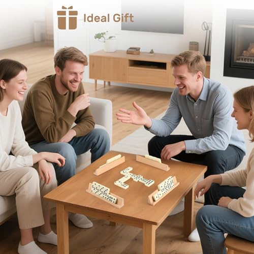 Dominoes Set Adults with 4 Wooden Racks/Trays Double Six Dominoes Travel Set with Portable Case Double 6 Dominoes Set with 4 Tiles Holders 28 Tiles Dominos Set Family Classic Board Games White - color: White