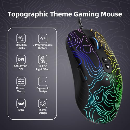 dagaladoo Black Wired Gaming Mouse, 12800 DPI RGB Gaming Mouse with 7 Lighting Effects, PC Gaming Mice Support DIY Keybinding, Mouse Gamer Computer Mouse for Laptop PC Mac Windows,Topographic