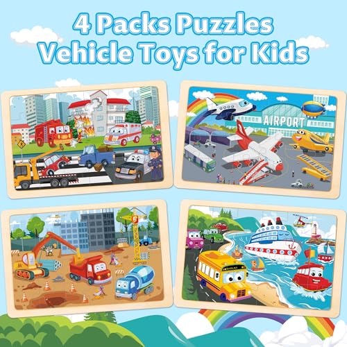 Wooden Puzzles for Kids Ages 3-5, 4 Packs Puzzles for Kids Ages 4-6, 24-Piece Truck Vehicle Wood Jigsaw Puzzles for Toddlers 3-5,Preschool Educational Toys Gifts for Children Ages 4-8 Boys (Vehicle)