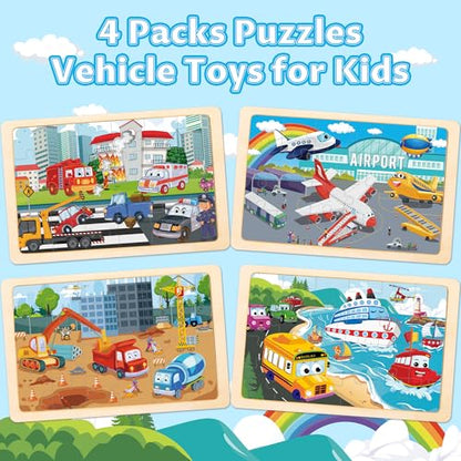 Wooden Puzzles for Kids Ages 3-5, 4 Packs Puzzles for Kids Ages 4-6, 24-Piece Truck Vehicle Wood Jigsaw Puzzles for Toddlers 3-5,Preschool Educational Toys Gifts for Children Ages 4-8 Boys (Vehicle)