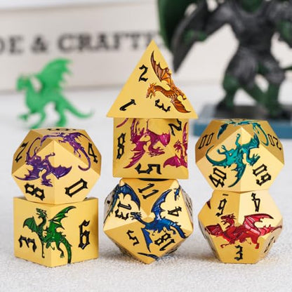 Sharp Edge Metallic DND Dragon Dice Set,Metal Polyhedral Dice with Dragon for Dungeons and Dragons RPG TTRPG D&D 7-Die Set with Gift Case Pearl Gold Seven Colors - color: Dragon-pearl Gold Seven Colors