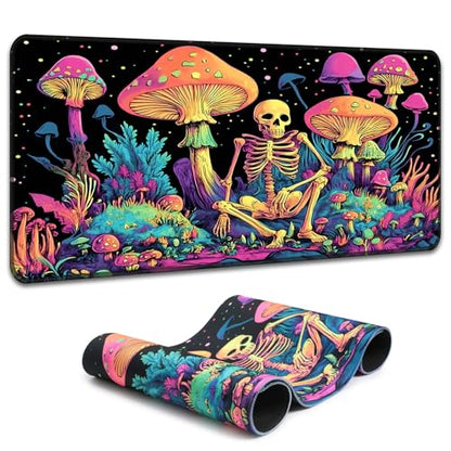 Simpkeely Large Gaming Mouse Pad XL - Blacklight Skull Mushroom Desk Mat, 31.5 x 11.8 Inch Extended Waterproof Keyboard Mousepad with Non-Slip Rubber Base for Gamers & Office Work - color: Mushroom Skull