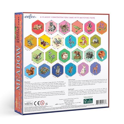 eeBoo Life in a Meadow Memory & Matching Game, Ages 3+, 1-4 Players | Introduces woodland flora & fauna. Sharpens recognition, concentration & memory skills. Includes 48 hexagonal tiles, 24 pairs - style: Life in a Meadow