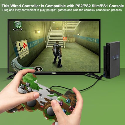 PS2 Controller, 2 Pack Wired Controller for PS2/PS2 Slim/PS1,Dual Vibration - color: Camo Red