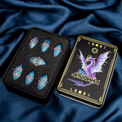 ARUOHHA DND Metal Dice Copper Blue Dragon Egg Dice with Metal Box, Role Playing Game RPG Polyhedral D and D Dice Set D20 D12 D10 D8 D6 D4 - color: Copper Blue-02