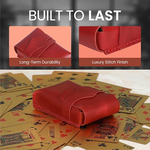 Red Leather Playing Card Case 1 Deck - Handmade Full-Grain Leather Playing Cards Storage Box - Game Playing Card Box Case Fits Poker & Bridge Size Cards, Game Card Playingcard Holder Case - color: Red